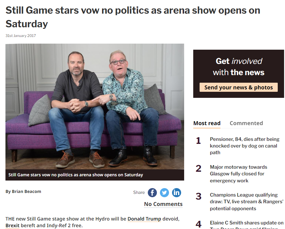Still game stars vow no politics as arena show opens on Saturday.  - Newspaper clipping. 
